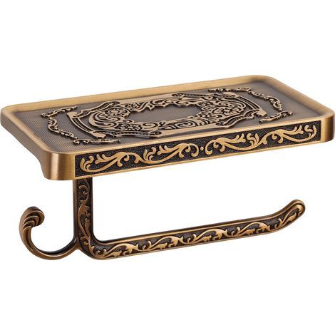 Porte-papier toilette en bronze avec étagère - Porte-papier toilette mural en aluminium avec rangement pour téléphone portable et crochet - Porte-papier toilette de salle de bain style rétro en acier (1/5)