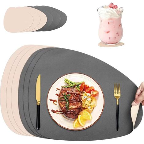 Lot de 6 Sets de Table et Dessous de Verre en Cuir, Set de Table Antidérapant Double Face, Antidérapant, Imperméables, pour Cuisine et Salle à Manger, Lavable