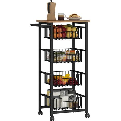 Carrello da Cucina con 4 Cestini Estraibili, Ruote e Freni, Acciaio e Legno, 49,5x31x91 cm, Rovere (1/5)