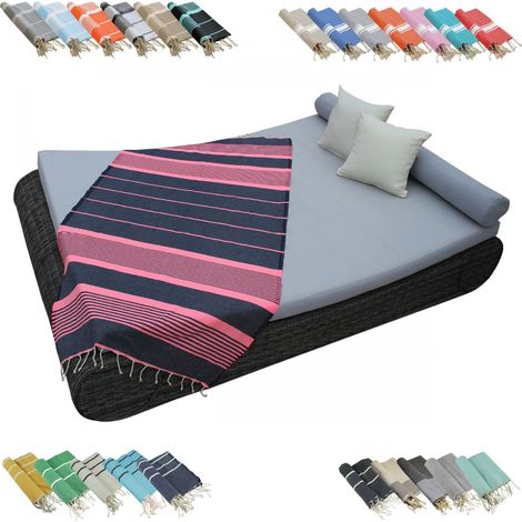 Véritable fouta Tunisienne 1m x 2m tissage à plat ou nid d'abeille 100% coton 380g - Gris foncé et rose - Vivezen