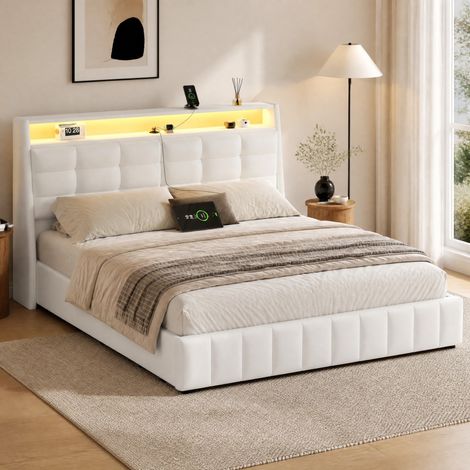 Letto contenitore 160x200 con LED, USB e testiera regolabile, bianco HAVRYA (1/5)
