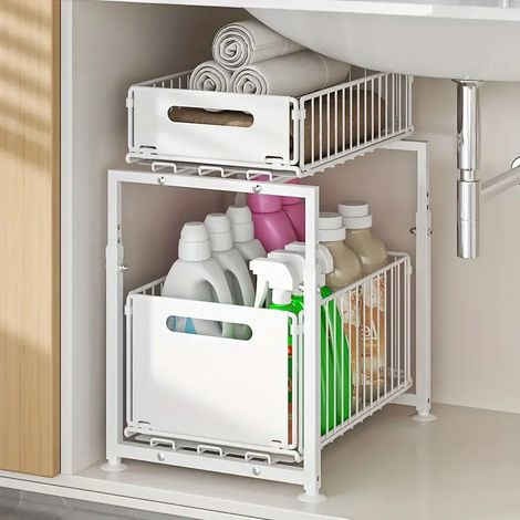 Étagère coulissante pliable double niveau blanche pour évier, panier tiroir de rangement cuisine pour couverts, baguettes et ustensiles, solution pratique et gain de place (1/5)