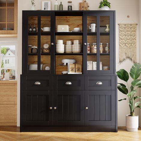 Armoire haute de cuisine 140x38,5x175 cm avec tiroirs, buffet de cuisine et salle à manger, meuble autoportant moderne, MDF, noir (1/5)
