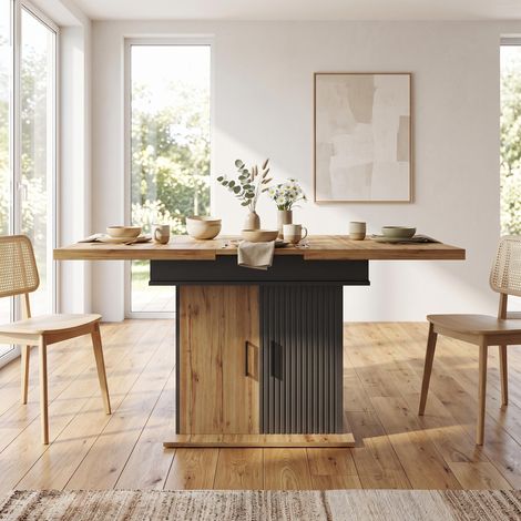 FurnitureR Black Colourblock Dining Table 110 to 140x80cm with Shelves (1/5)