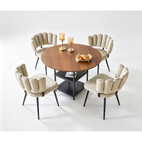 Set da pranzo rotondo da 107 cm in noce con 4 sedie in tessuto e doppio ripiano (1/5)
