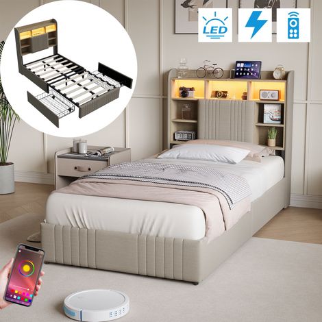 Letto singolo 90x190 cm con 2 cassetti, in lino, testiera contenitore con LED, rete a doghe, stile moderno - Beige