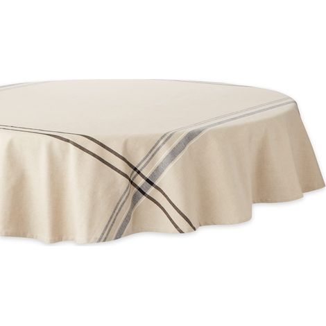 Nappe de Table à Manger à Rayures françaises, Style Farmhouse, 177,8 cm de diamètre, Taupe/Noir (1/5)