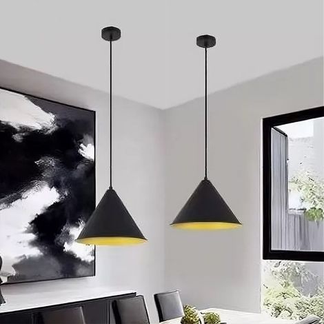 TrAdE Shop Traesio - Lampadario A Sospensione E27 Ferro Paralume Moderno Contemporaneo Cono Nero Oro 33351 - (1/4)