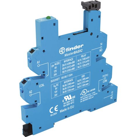 Finder 93.60.7.024 Support relais avec étrier de fixation, avec LED, avec protection antiparasite CE
