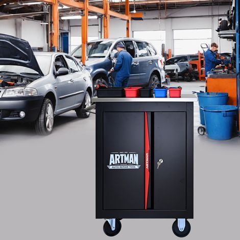 Carro de taller de 2 puertas con ruedas, con cerradura, acero negro y rojo DESVIAE (1/5)