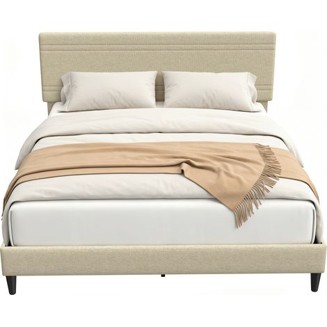 Cadre de lit - HOMCOM - avec sommier, rembourré en effet lin, 9 pieds robustes - bois acier - 160 x 200 cm - beige (1/5)