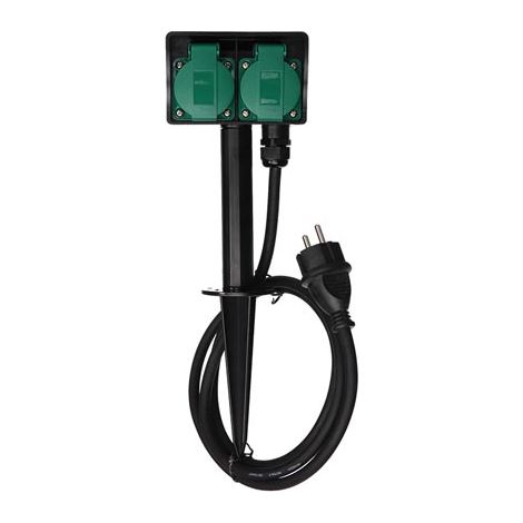 Perel Enchufe Exterior con pincho de Tierra, 2 enchufes Tipo E con Tapas, IP44 Resistente a Salpicaduras, Cable H07RN-F 3G1.5 de 1,5 m, Distribuidor de energía para iluminación y Herramientas de