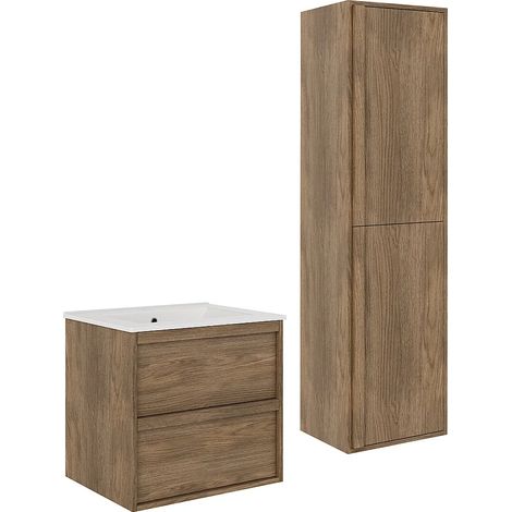 Mobile bagno sospeso con lavabo da incasso e colonna - Naturale scuro - 60 cm - UBRILA (1/5)