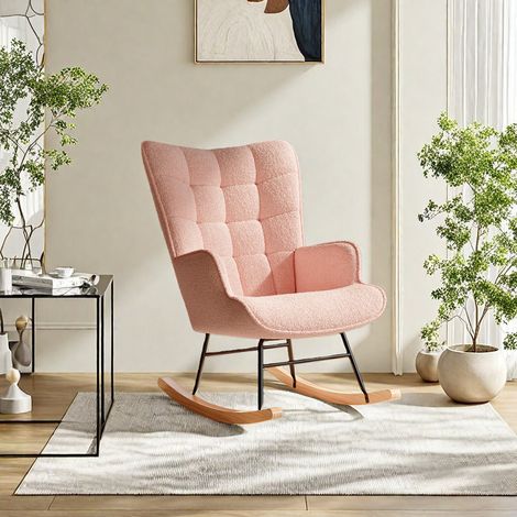 Fauteuil à bascule rose à dossier haut et motif à carreaux - 75 x 68 x 92 - Pieds en bois–Molleton - Mousse haute densité - Style moderne/scandinave (1/5)