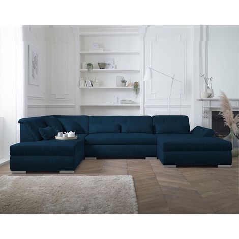 Lisa Design – Canapé d'angle panoramique 7 places – Structure bois – Assise mousse polyuréthane – Accoudoirs réglables – Bleu pétrole – Dimensions L335xH77xP197 cm (1/5)
