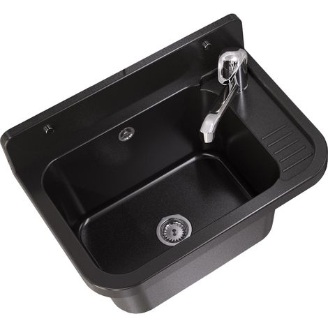 Évier de garage - Noir marbré 50x34x31 cm - Robinet chromé long - Kit complet inclus - Paron (1/5)