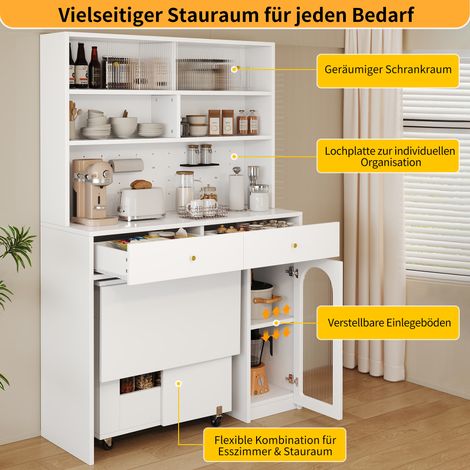 Meuble de cuisine avec plan de travail, buffet et colonne, fonction bar intégrée, porte-crochets, 2 tiroirs, tablette réglable et rangement ouvert, mobilier blanc pour cuisine et salle à manger (1/5)
