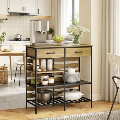 Salon et salle à manger : buffet de cuisine en bois naturel et acier, rangement avec 2 tiroirs et 3 niches ouvertes (1/5)