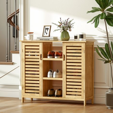 Mobile contenitore in bambù con doghe, 2 ante, ripiani e vani a giorno, 100x33x86 cm, colore naturale.