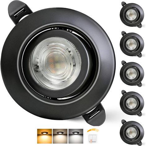 Spot LED Encastrable 230V Dimmable 68mm 5.5W IP44 45° Rotatif Extra Plat Spots de Plafond Blanc Chaud Blanc Neutre Blanc Froid Spot Salle de Bain, Noir Lot de 6 (1/5)