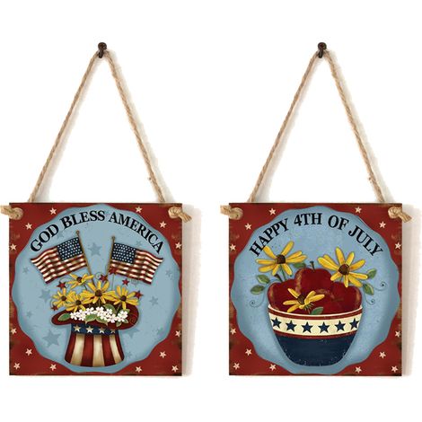 Décoration de porte pour le 4 juillet, plaque rustique américaine en bois avec corde, drapeau en bois pour la fête de l'indépendance (style patriotique), idéale pour décorer une porte d'entrée, un por (1/5)