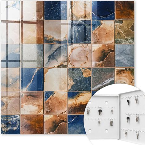 Armoire à clés - (30 cm x 30 cm) - Boîte à clés murale - Coffret de rangement pour clés - Couleur blanche - Ouverture vers la droite - Pour maison et bureau - Mosaïque de marbre (1/5)