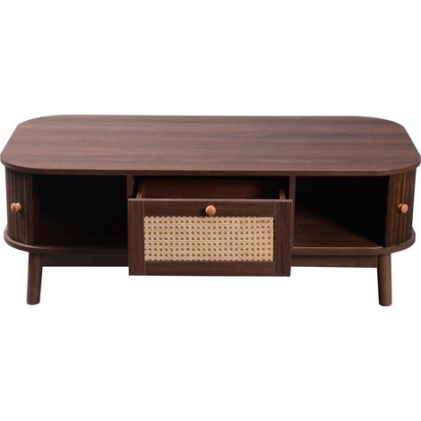 Table basse en rotin avec tiroirs et portes en bois massif 110x55x38,5 cm style campagne naturel (1/5)