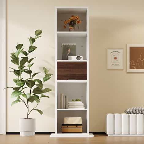 Armoire miroir pivotante 45x45x168 cm avec miroir plein pied, 4 niches ouvertes et tiroir, meuble de rangement en MDF - Blanc (1/5)