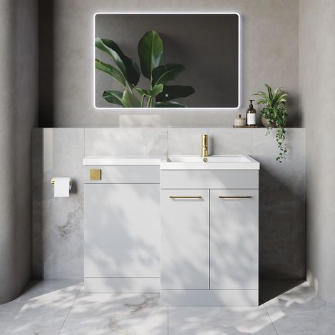 Napoli 460 Gloss Grey Pearl 1100mm 2 Door Vanity Unit Toilet Suite with Right Hand Square Lucia Basin - 1100mm - Brushed Brass 160mm HandleWithout Kingston Toilet Pan