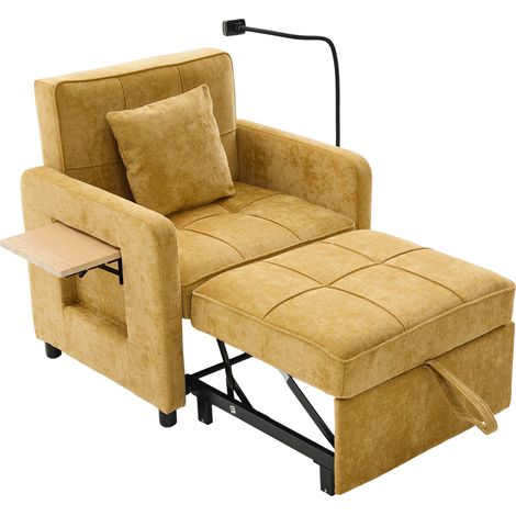 Sillón cama individual 2 en 1 de chenilla mostaza con cojín y bolsillos laterales (1/5)