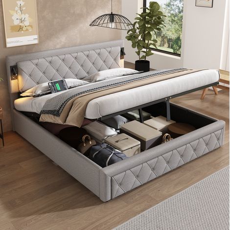 lit adulte rangement USB 180x200 lin gris OKMYHOME (1/5)