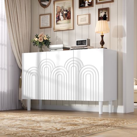 Buffet 120x38,5x79 cm meuble de salon avec 3 portes MDF blanc avec base 16 cm. placards à grand rangement commode réglable (1/5)