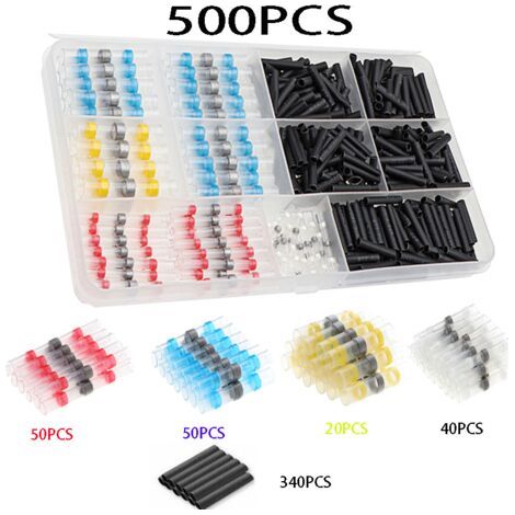 Kit de 500 cosses de fils électriques isolées et étanches, connecteurs bout à bout thermorétractables pour automobile et marine (1/3)