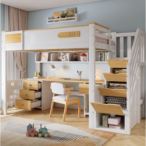 Cama alta 90x200 cm blanca y natural de madera con escritorio, cajones y escalera con almacenaje (1/5)
