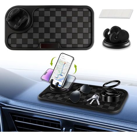 Tapis Antidérapant Voiture, Multifonctionnel Tapis pour Tableau de Bord de Voiture avec Support Universel Rotatif à 360° pour Téléphone Portable, Accessoires Automobiles Etanches(Noir (1/5)