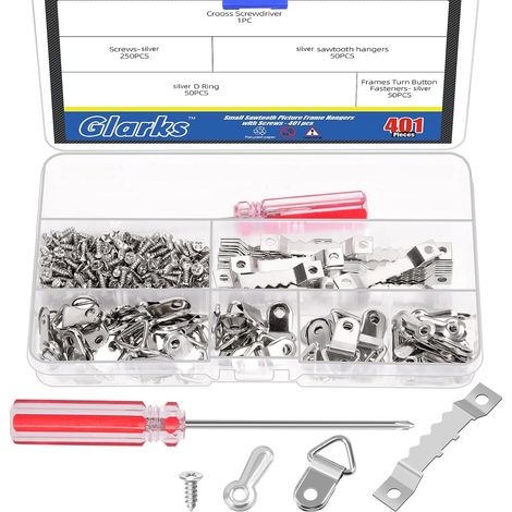 401pcs kit de suspension de cadre photo argenté comprenant cintre de cadre photo dentelé, bouton rotatif de cadre photo, cintre de cadre photo D - ring, vis et tournevis (1/5)