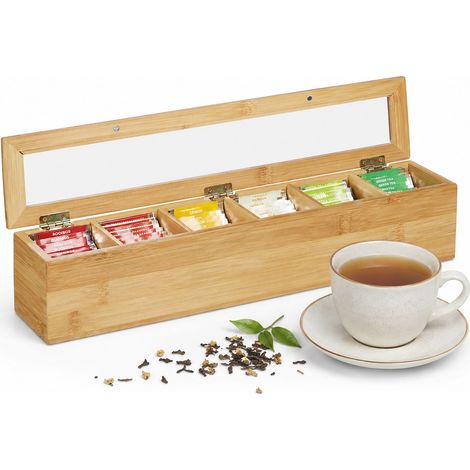 Relaxdays Teebox Bambus, 6 Fächer, 72 Teebeutel, Klappdeckel, Aromaschutz, längliche Teekiste, HBT: 9 x 44 x 9 cm, natur (1/5)