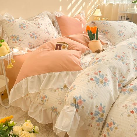 Parure de lit Motif floral multicolore 135 x 200 cm En coton Avec housse de couette à volants Pour fille et femme Blanc et orange Parure de lit réversible avec 1 taie (1/5)