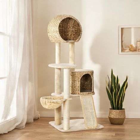 Arbre à chat en panneaux de particules avec cabane en rotin 60 x (1/5)