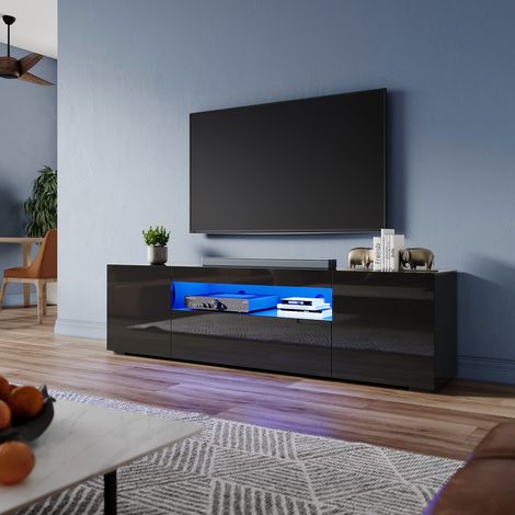ELEGANT 1800mm Modern Black High Gloss TV Stand Cabinet with LED Ambient Lights Living Room Cabinet Media Stand Furntiure for 32"-70" Flat Screen 4k TVs