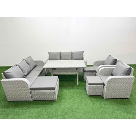 Fimous PE Rattan High Back Lounge Sofa Set Patio Rectangular Dining Table & Chairs Set with 3 Seater Sofa Reclining Chair 3 Stools Light Grey (1/4)