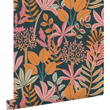 papier peint feuilles orange, rose et bleu foncé - ESTAhome (1/5)