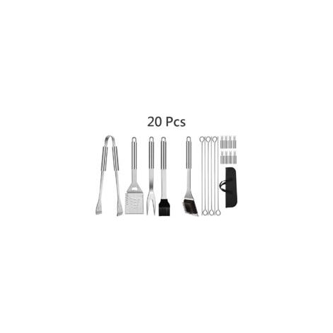 Set di 20 utensili per barbecue in acciaio inox: pinze, spatola, spiedini, borsa per il trasporto - Attrezzi per campeggio e picnic - 20 pezzi