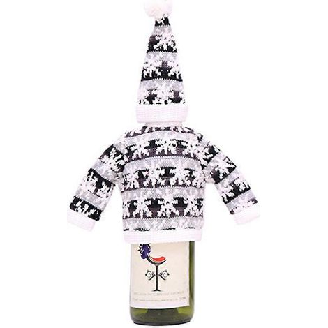 Décoration de bouteille de vin de Noël : bouteille de champagne et de vin rouge, vêtements tricotés, pull et bonnet (flocons de neige noirs et gris) (1/3)