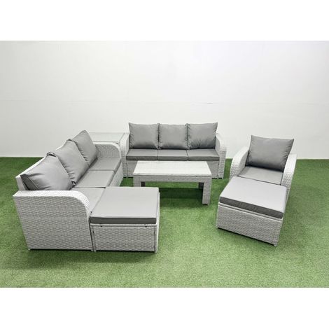 Fimous 9 Seater Poly Rattan Outdoor Garden Furniture Oblong Coffee Table Sofa Set Patio 3 Seater Sofa Reclining Chair 3 Seater Sofa 2 Big Footstools Side Table Light Grey (1/4)