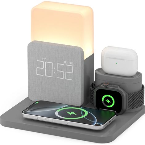 Réveil sans fil 3 en 1 (gris) : station de charge rapide et veilleuse avec écran LED. (1/5)