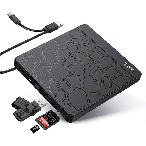 Lecteur DVD Externe - Graveur CD DVD ±RW USB 3.0 - Compatible Windows Mac Linux - Emplacement Carte SD Micro SD - Câble USB-C Inclus - Étui de Transport - 1 Pièce (1/5)