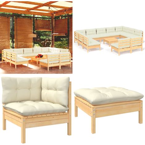 12-tlg. Garten-Lounge-Set mit Creme Kissen Massivholz Kiefer - Gartenzubehör - Lounge Set - Gartenmöbel - Outdoor Möbel - Kiefernholz - Home & Living (1/5)