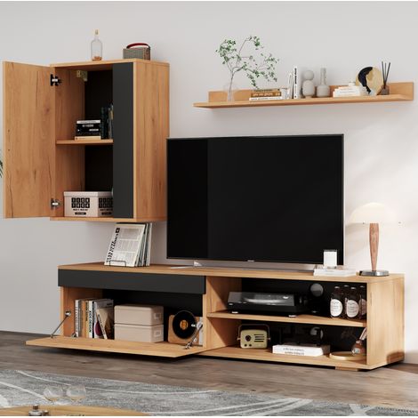 TV-Möbel-Set 140x35x39 cm Eiche-Schwarz aus Spanplatte mit Wandschrank, Wandregal und Soft-Close (1/5)
