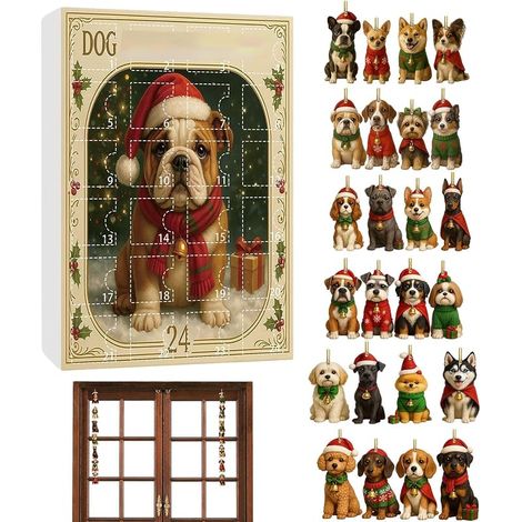 Calendrier de l'Avent2026 avec chien, compte à rebours de Noël de 24 jours, décorations de sapin de Noël en acrylique 2D pour adultes, décoration pour fenêtre, mur, porte